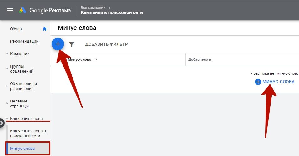 Інтерфейс Google Ads, що показує місце, де можна додати мінус-слова на рівні кампанії.