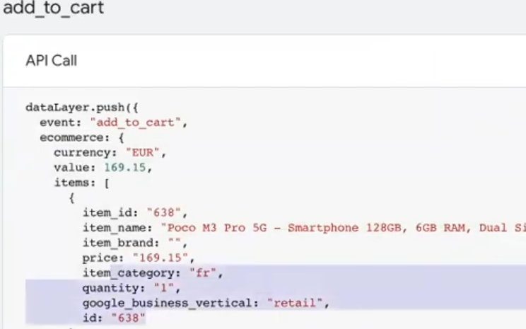 Приклад коду Data Layer з даними про товар та подію add_to_cart у форматі JSON