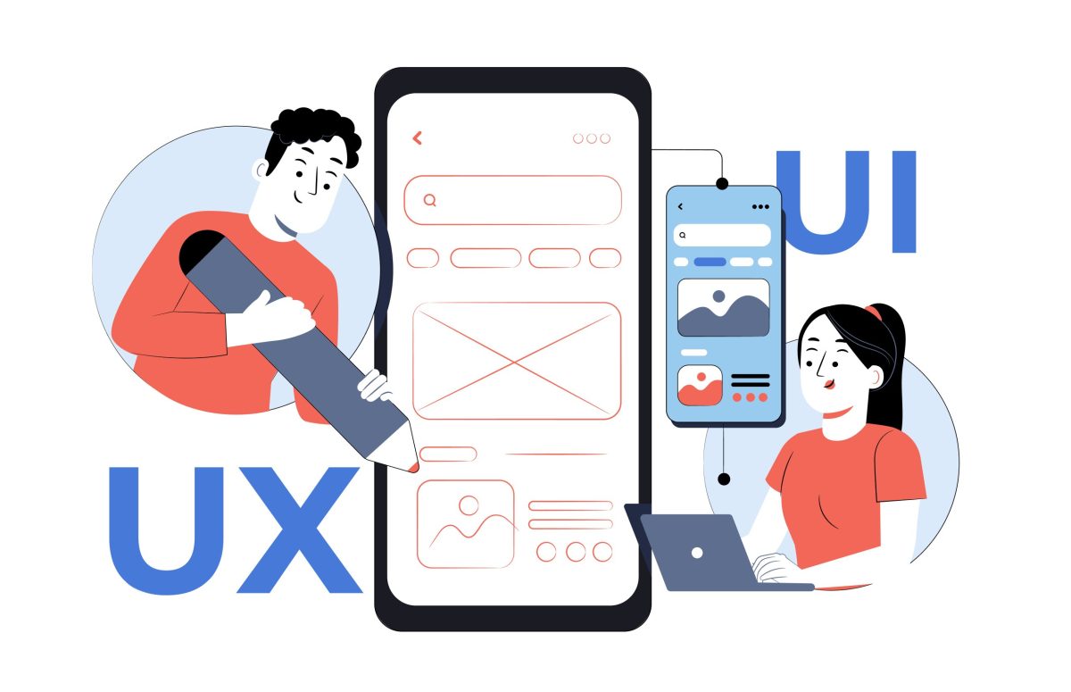 символізуюча взаємодія UX і UI, де елементи користувальницького інтерфейсу демонструючи гармонію між функціональністю та естетикою