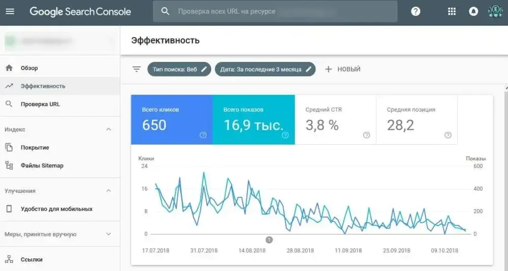 панели управления веб-мастера, возможно, с элементами интерфейса Google Search Console