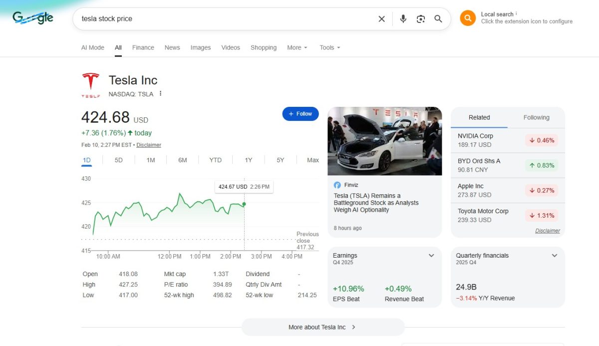 поисковая выдача по запросу tesla stock price
