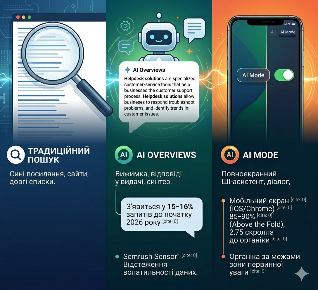 Відмінності між традиційним пошуком, AI Overviews та AI Mode Відмінності між традиційним пошуком, AI Overviews та AI Mode
