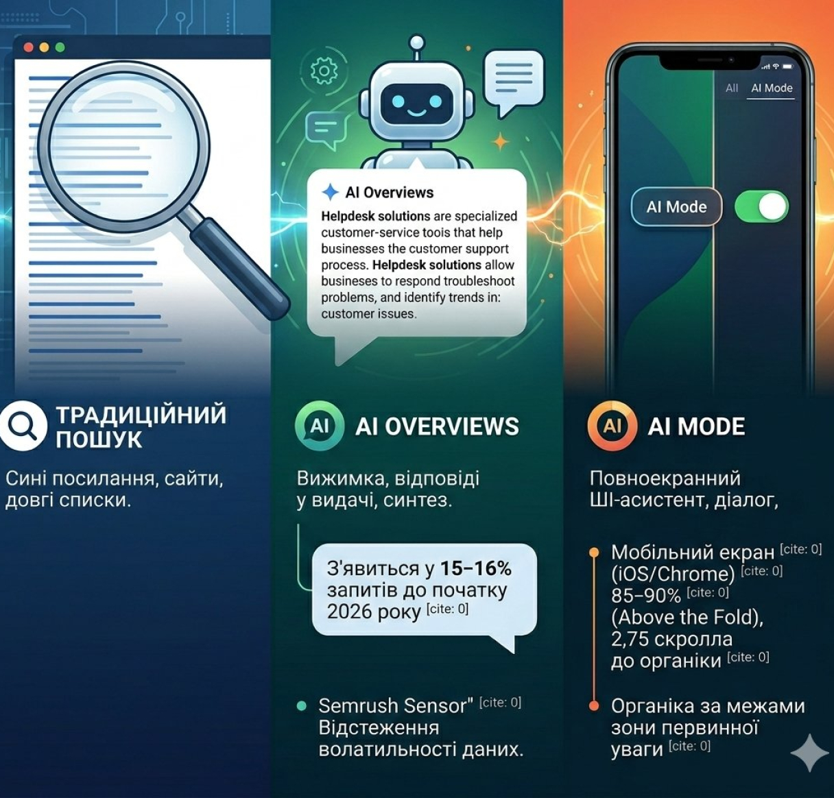 Відмінності між традиційним пошуком, AI Overviews та AI Mode