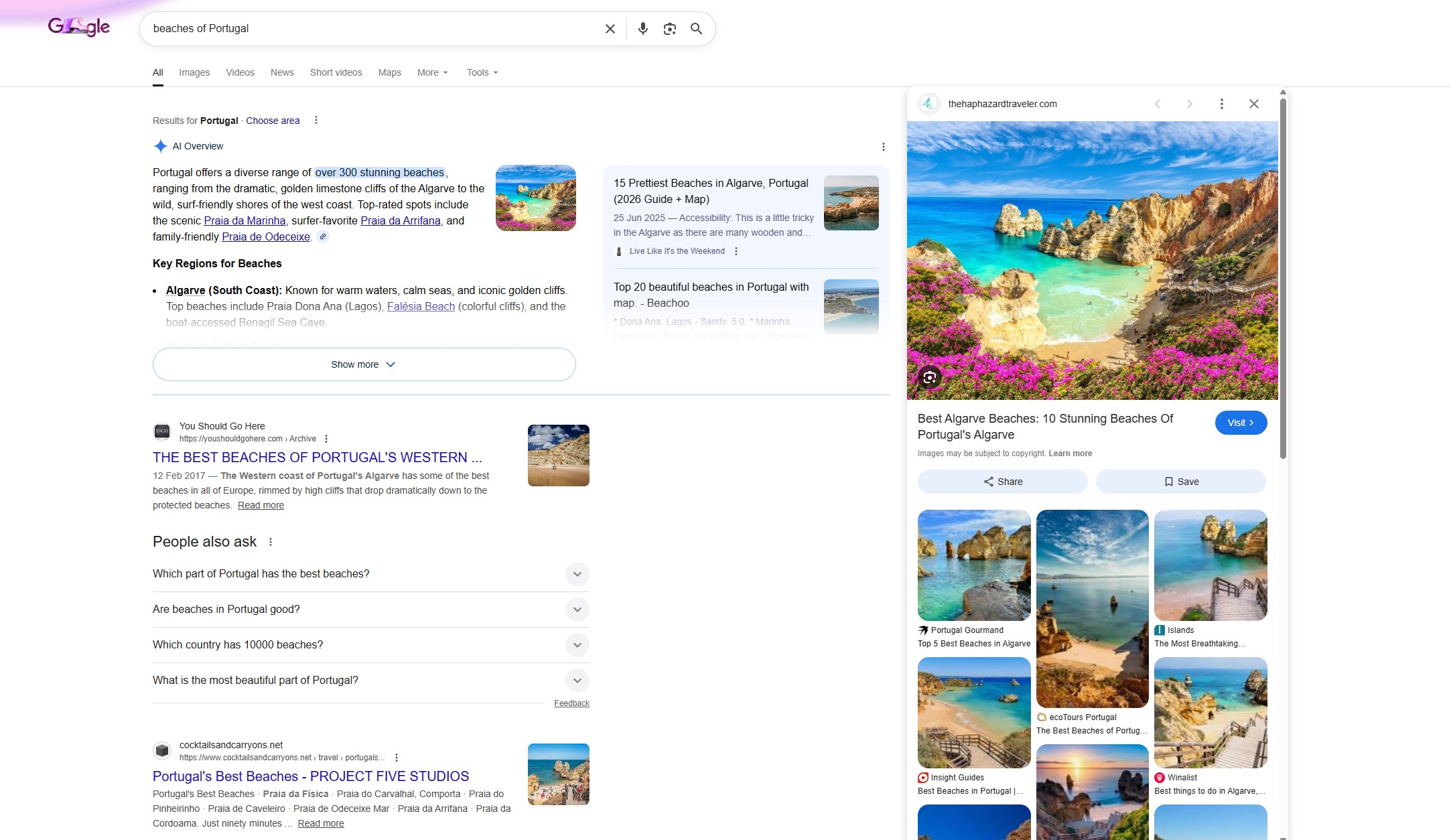 пошукова видача на запит beaches of Portugal