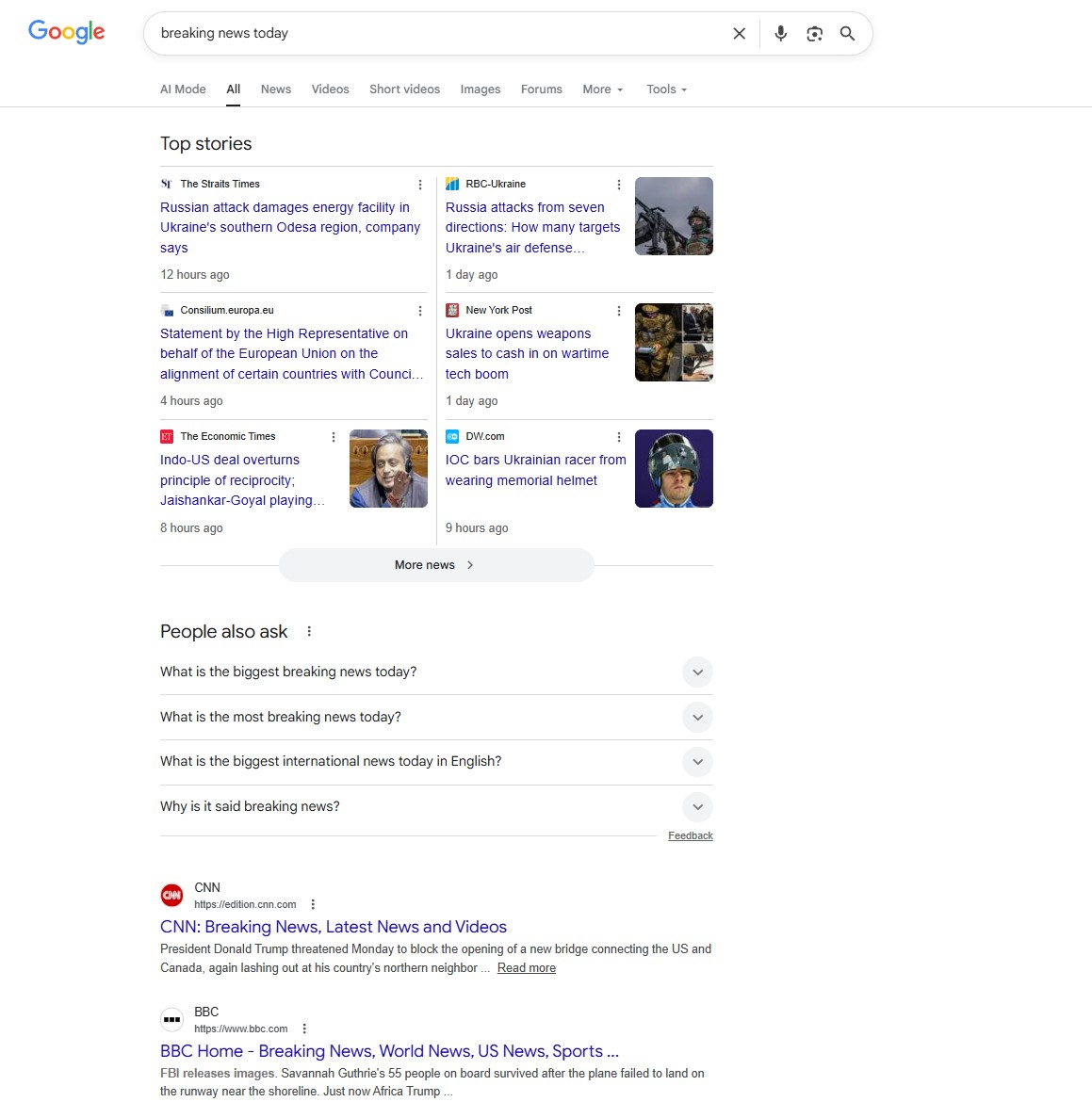 пошукова видача за запитом breaking news today