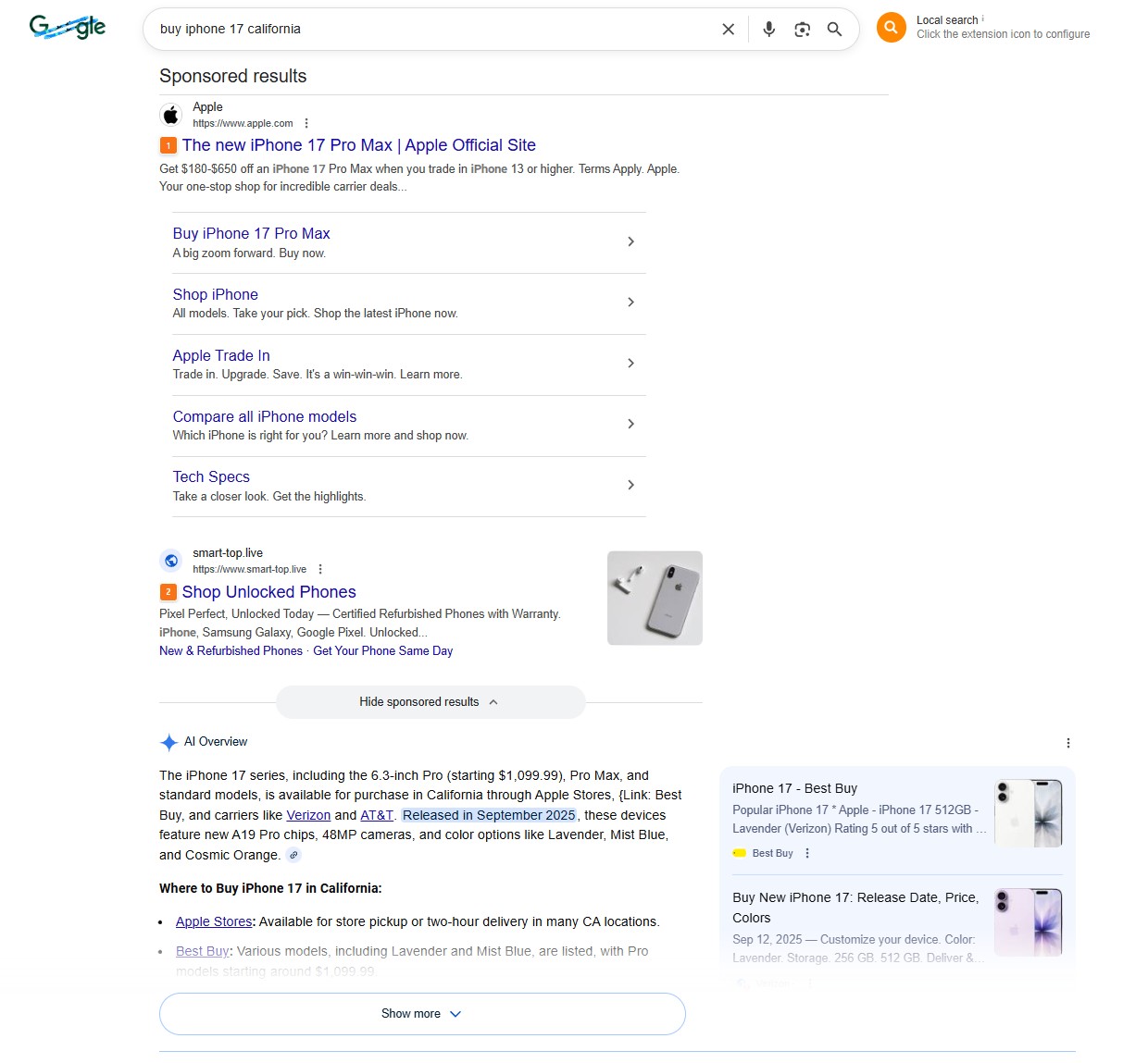 пошукова видача за запитом buy iphone 17 california