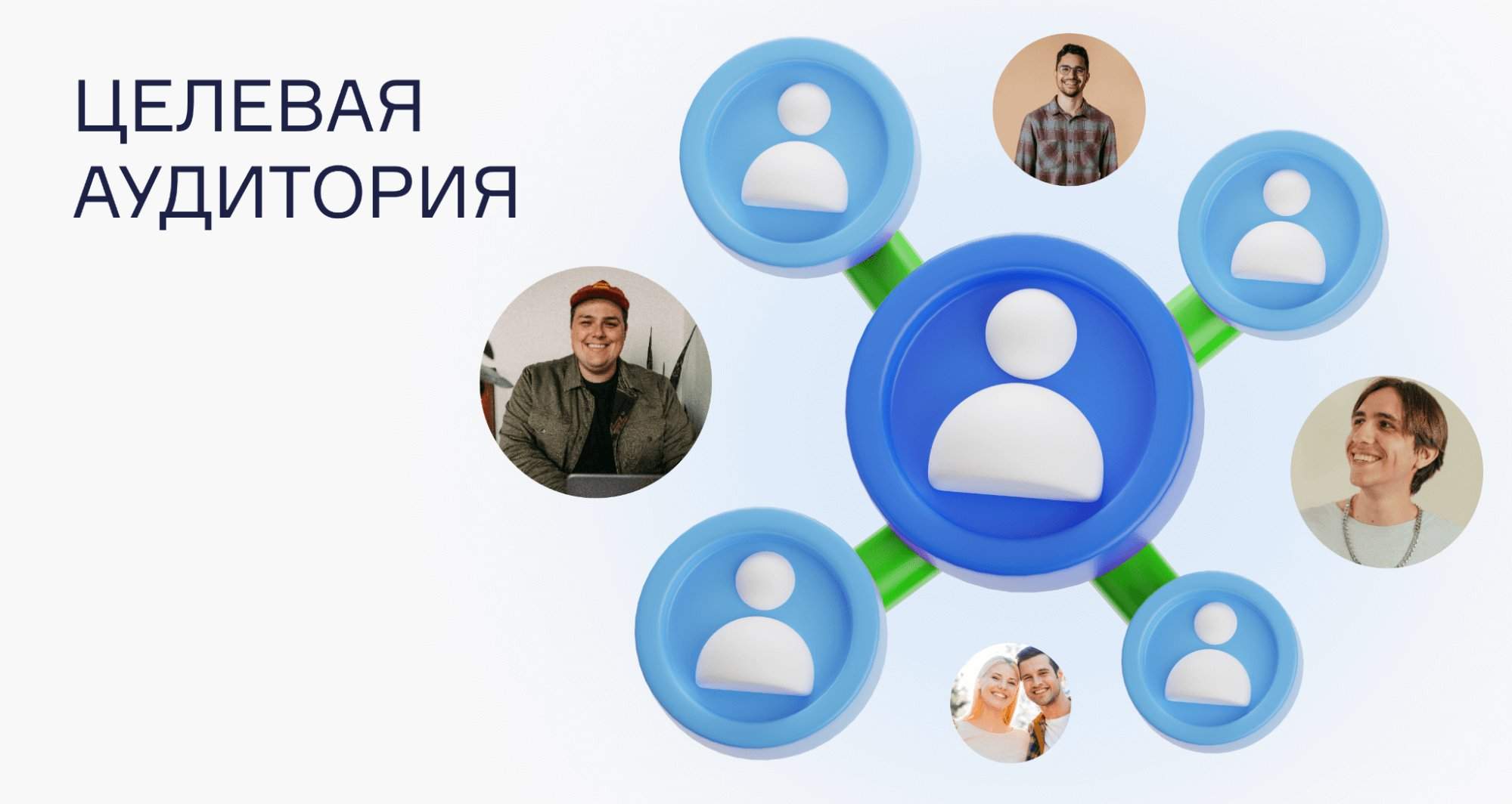 кілька різних типів людей, які представляють різні сегменти цільової аудиторії, з іконками, що символізують їх інтереси та питання.