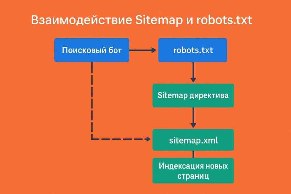 схематично показывает, как файл robots.txt управляет доступом поисковых роботов к различным разделам сайта, а sitemap.xml служит путеводителем для индексации.