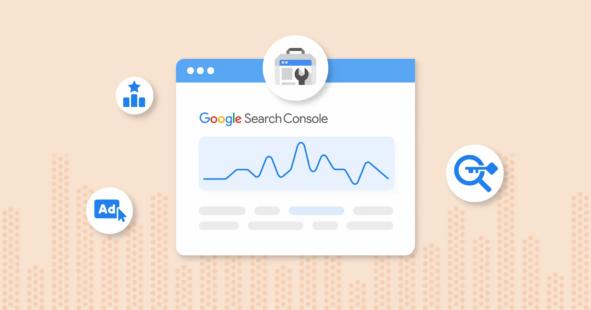 Іконки Google Search Console, Google Analytics та інших SEO-інструментів, розташовані навколо графіка