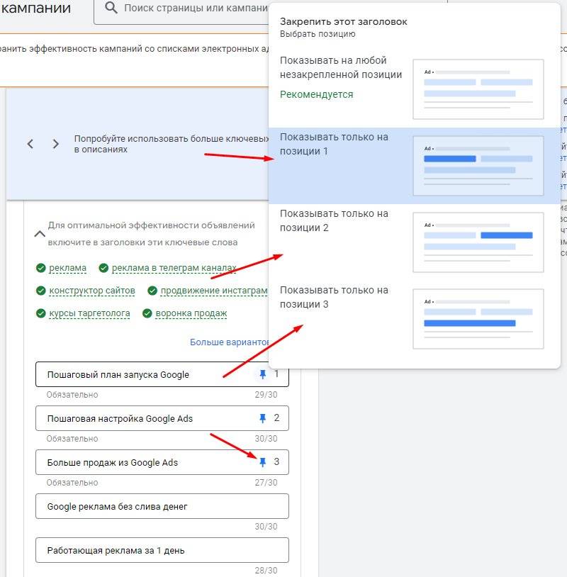 Приклад налаштувань рекламного оголошення в Google Рекламі, що показує поля для введення заголовків, описів та додавання різних розширень.