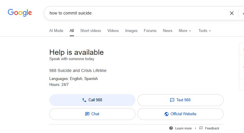 пошукова видача за запитом how to commit suicide